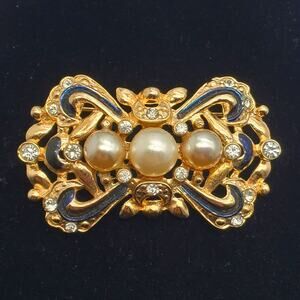 Faux Pearl Bar Brooch Black Enamel Gold Tone Pin Rhinestones Victorian Revival